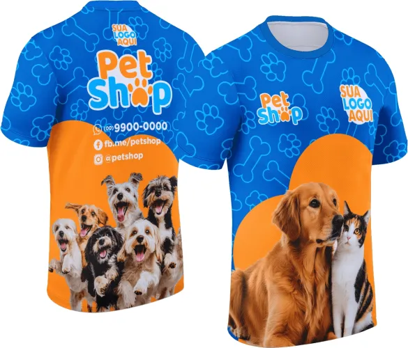 Camisa com logo no peito e estampa grande nas costas, design exclusivo para profissionais de pet shop, destacando o serviço de atendimento com um visual moderno e atraente para ambientes pet friendly.