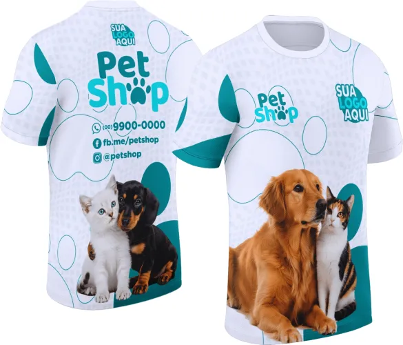 Arte para camiseta de pet shop de uso comercial, ideal para uniformes e peças de divulgação do segmento pet.
