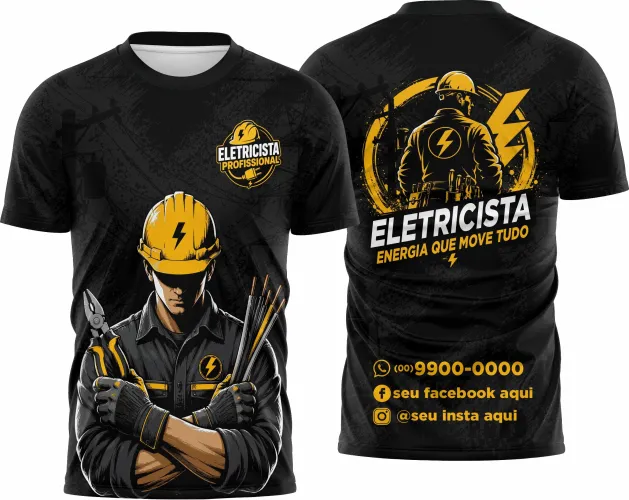 Camisa com logo no peito e estampa grande nas costas que destaca o universo do eletricista com design impactante e moderno, perfeita para uso diário ou evento profissional.