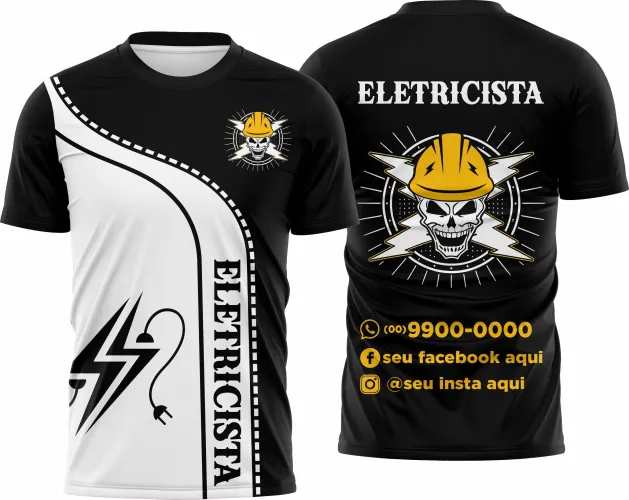 Camisa com logo no peito e estampa grande nas costas, remetendo ao universo de eletricista, detalhes modernos e estilo marcante para profissionais que buscam um visual autêntico e funcional.