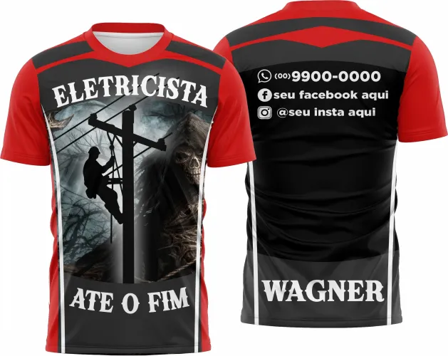 Camisa com logo no peito e estampa grande nas costas exibindo um design moderno para profissionais eletricistas, em cores vibrantes e detalhes precisos que destacam a especialidade e dedicação da profissão.