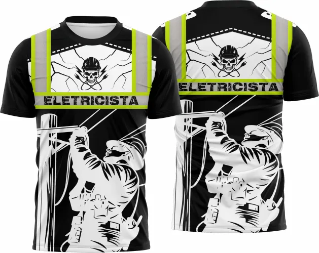 Camisa com logo no peito e estampa grande nas costas mostrando design de eletricista, ideal para profissionais da área que buscam estilo e identidade visual marcante.