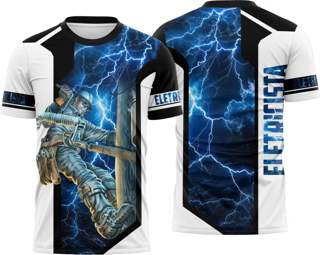 Camisa com logo no peito e estampa grande nas costas, perfeita para profissionais eletricistas que buscam conforto e estilo no dia a dia do trabalho