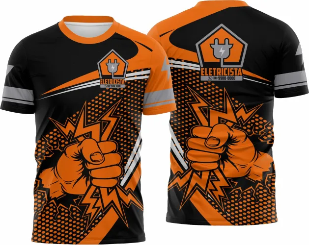 Imagem de camisa com logo no peito e estampa grande nas costas, ideal para profissionais eletricistas que buscam estilo e personalidade no uniforme de trabalho.