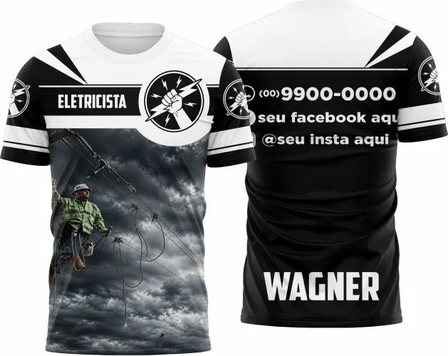 Camisa com logo no peito e estampa grande nas costas, ilustrando elementos elétricos em design moderno, perfeita para profissionais eletricistas que buscam estilo e identidade no trabalho.