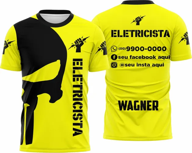 Camisa com logo no peito e estampa grande nas costas mostrando design exclusivo para profissionais eletricistas, com símbolos vibrantes e cores fortes que destacam o estilo único da peça.