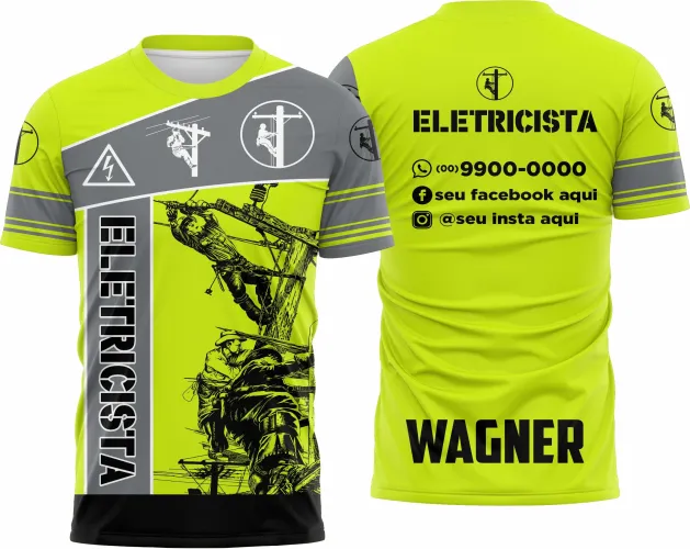Camisa com logo no peito e estampa grande nas costas, destacando um design moderno e profissional para eletricistas, ideal para uso em ambientes de trabalho e eventos da área elétrica.