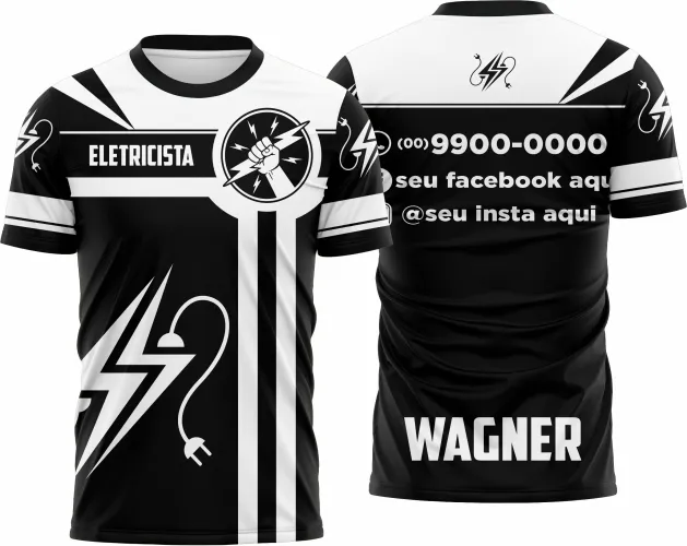 Camisa profissional com logo no peito e estampa grande nas costas com design de eletricista, ideal para uso em serviço ou eventos relacionados à área elétrica.