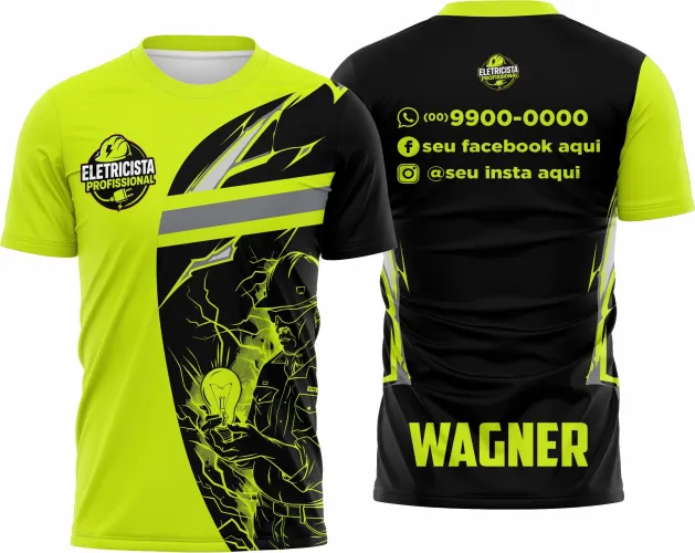 Camisa com logo no peito e estampa grande nas costas, destacando elementos elétricos em design moderno, ideal para eletricistas que querem estilo e personalidade no seu uniforme de trabalho.