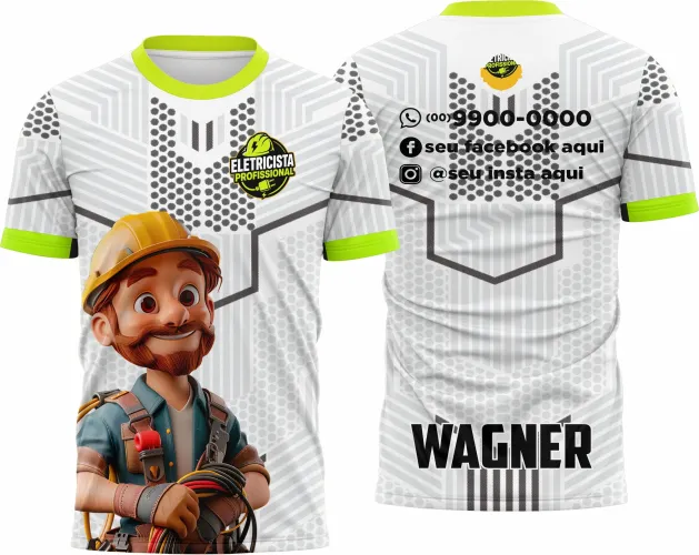 Camisa com logo no peito discreto e estampa grande nas costas destacando elementos elétricos, perfeita para profissionais eletricistas exibirem sua identidade no ambiente de trabalho com estilo e personalidade.
