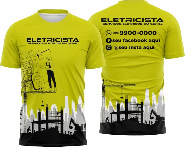 Camisa de eletricista com logo no peito destacando profissionalismo e estampa grande nas costas ilustrando elementos elétricos de forma moderna e vibrante, perfeita para quem trabalha na área de eletricidade.