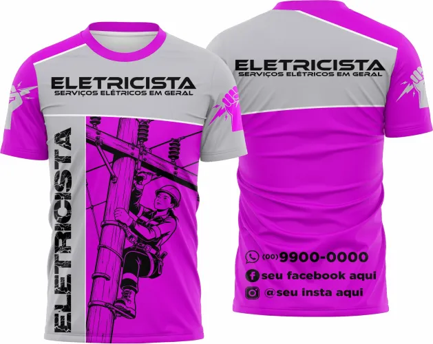 Camisa com logo discreto no peito e estampa grande nas costas evidenciando detalhes ligados à profissão de eletricista, ideal para uso profissional ou casual.