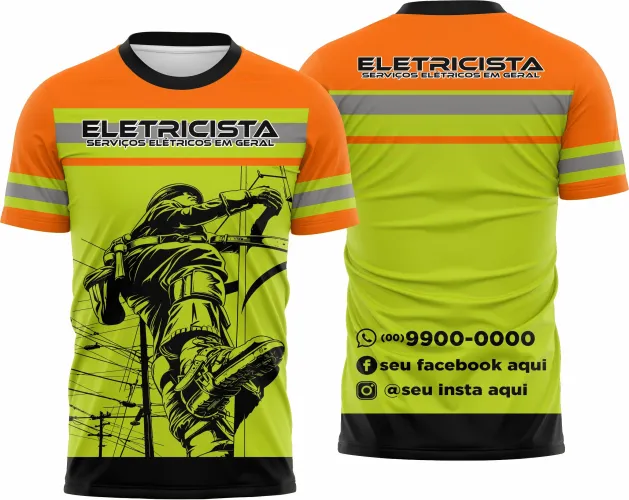 Camisa com logo no peito e estampa grande nas costas, destacando elementos elétricos em design moderno e vibrante, ideal para profissionais da área eletricista.
