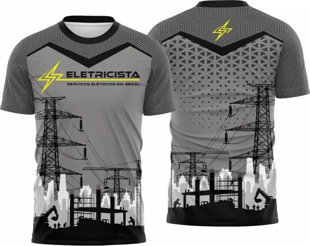 Camisa de eletricista com logo no peito e estampa grande nas costas, destacando elementos gráficos modernos e profissionais que realçam o estilo da profissão com cores vibrantes e detalhes precisos.