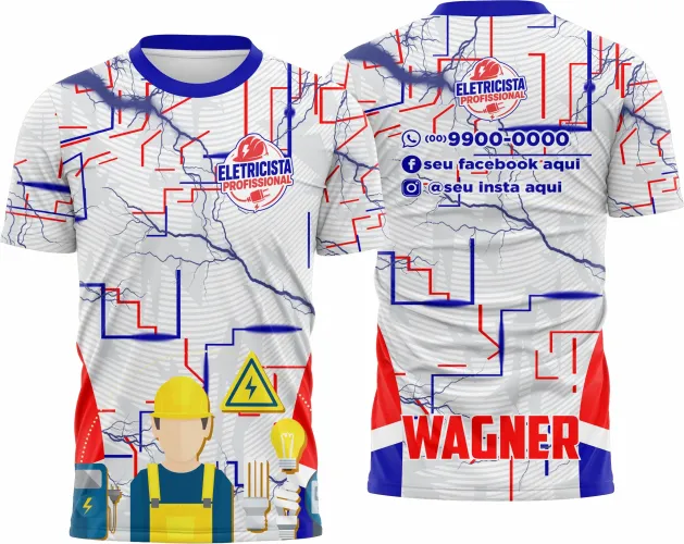 Camisa com logo no peito e estampa grande nas costas, mostrando um design moderno e impactante ideal para profissionais da área elétrica.