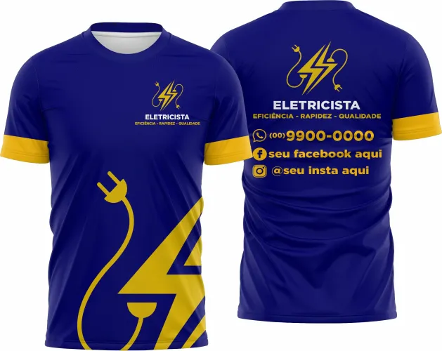 Camisa com logo no peito e estampa grande nas costas, ideal para profissionais eletricistas que buscam estilo e identidade no uniforme de trabalho.