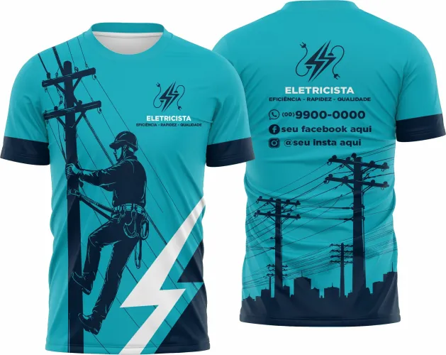 Camisa com logo no peito e estampa grande nas costas, representando a profissão de eletricista com design moderno e impactante, perfeita para quem trabalha com eletricidade e quer estilo e identidade.