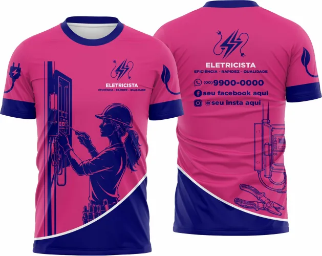 Camisa com logo no peito e estampa grande nas costas, perfeita para profissionais eletricistas que desejam estilo e identificação no ambiente de trabalho.