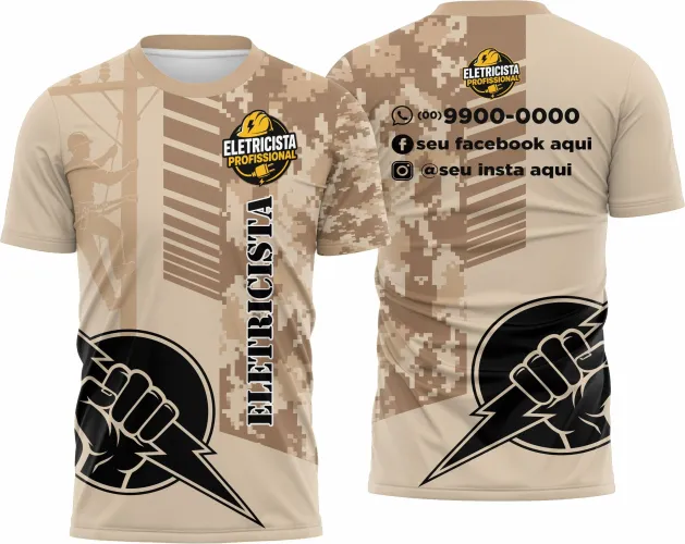 Camisa com logo no peito discreto e estampa grande nas costas, destacando elementos do universo do eletricista de forma moderna e vibrante, perfeita para profissionais que querem marcar presença com estilo.