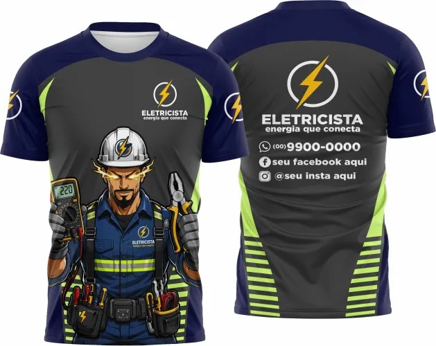 Camisa com logo no peito destacando a profissão de eletricista e estampa grande e detalhada nas costas mostrando elementos da eletricidade de forma estilizada