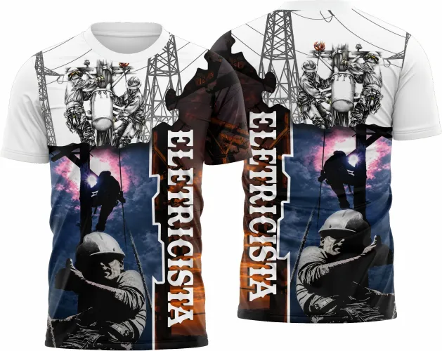 Camisa com logo no peito e estampa grande nas costas, exibindo design moderno e diferenciado especialmente para profissionais eletricistas, combinando estilo e funcionalidade em uma peça única e atraente.