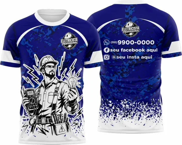 Camisa com logo no peito e uma estampa grande nas costas que retrata elementos do trabalho de eletricista em estilo moderno, unindo funcionalidade e estilo para profissionais da área.