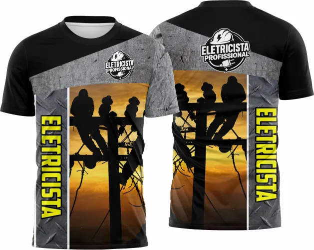 Camisa com logo no peito e estampa grande nas costas trazendo design moderno e marcante para profissionais da área de eletricidade, ideal para uso em ambientes de trabalho ou eventos relacionados.