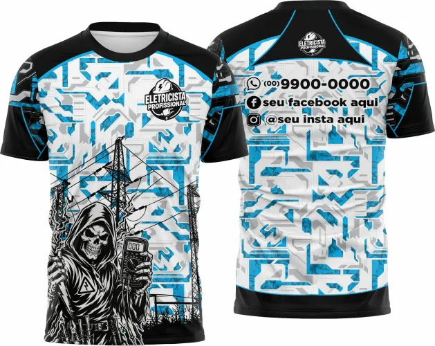 Camisa com logo no peito e estampa grande nas costas, temática eletricista com design moderno e atrativo, perfeita para destacar profissionais da área em eventos ou uso diário