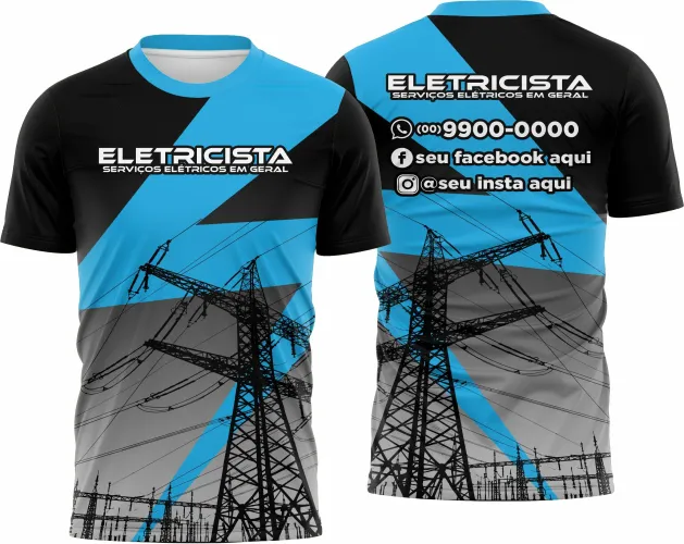 Camisa estilosa com logo no peito e estampa grande nas costas inspirada no universo dos eletricistas, com design moderno e cores vibrantes que destacam a identidade profissional de quem a veste.