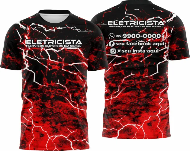 Camisa com logo no peito e estampa grande nas costas que destaca a profissão de eletricista, com design moderno e cores vibrantes perfeitas para quem trabalha com eletricidade.
