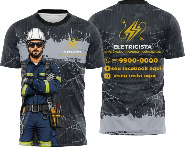 Camisa com logo no peito e estampa grande nas costas, ideal para profissionais da área de eletricidade que buscam estilo e identidade no trabalho.