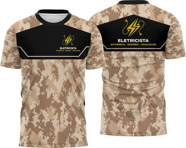 Camisa de eletricista com logo no peito e estampa grande nas costas destacando elementos elétricos em design moderno e impactante, perfeita para profissionais que buscam estilo e identidade no ambiente de trabalho.