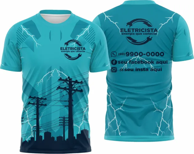 Camisa com logo no peito e estampa grande nas costas mostrando design moderno e detalhado para profissionais eletricistas, ideal para quem busca estilo e identificação no trabalho.