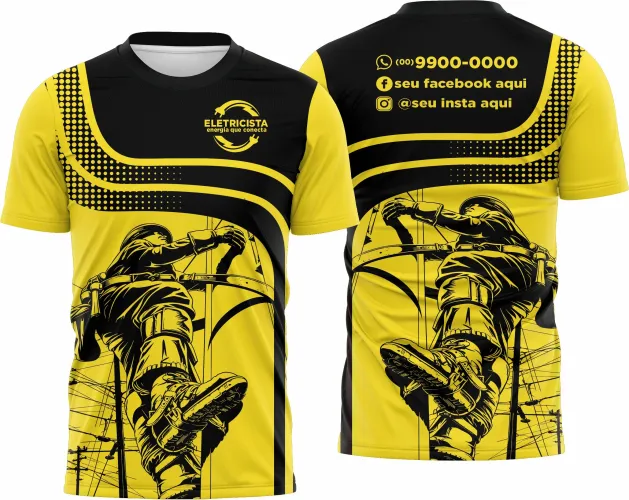 Camisa com logo no peito que destaca a profissão de eletricista, exibindo uma estampa grande nas costas que combina símbolos elétricos e design moderno, ideal para uso diário ou ocasiões especiais do setor.