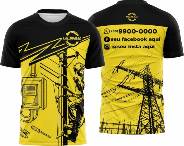 Camisa com logo no peito visível e estampa grande nas costas em design voltado para profissionais eletricistas, combinando estilo e identidade para o dia a dia de trabalho.