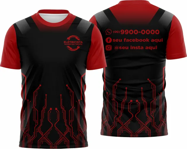 Camisa com logo no peito e estampa grande nas costas, exibindo design moderno e exclusivo voltado para eletricistas, ideal para destacar profissão com estilo marcante e visual atrativo.