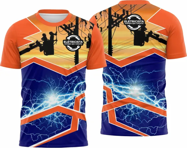 Camisa com logo no peito e estampa grande nas costas destacando elementos do universo do eletricista, ideal para quem deseja estilo e identidade profissional visível em cada detalhe.