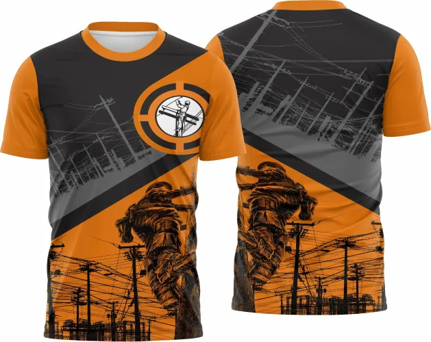 Camisa com logo no peito que evidencia a profissão de eletricista e estampa grande nas costas detalhando ferramentas e símbolos relacionados ao trabalho elétrico com cores vibrantes e design moderno.