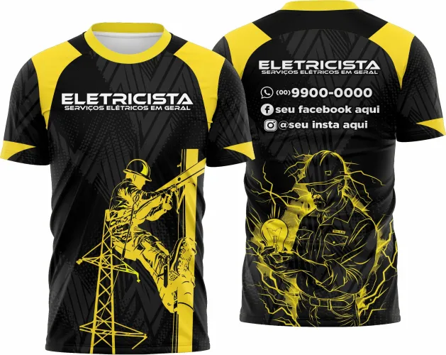 Camisa com logo no peito e estampa grande nas costas mostrando design único para eletricista, combinando estilo moderno e funcionalidade para quem valoriza sua profissão.