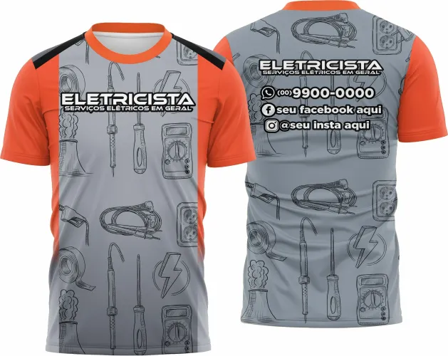 Camisa com logo no peito e estampa grande nas costas, destacando elementos ligados à profissão de eletricista com design moderno e impactante, perfeita para quem deseja unir estilo e profissão com autenticidade.
