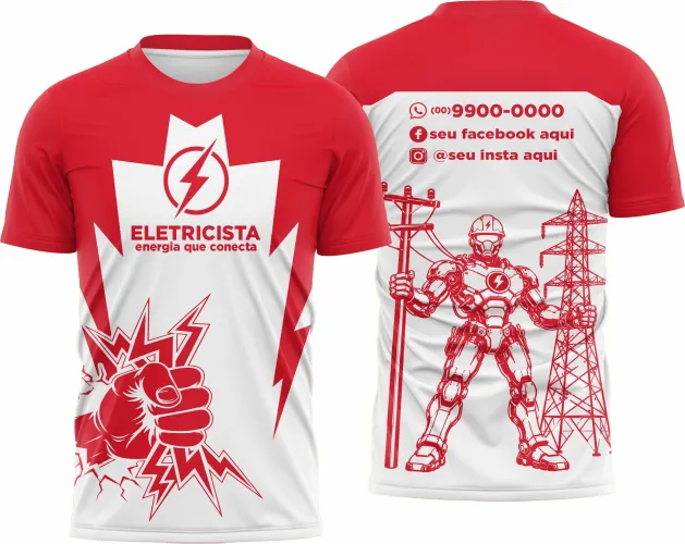 Camisa com logo no peito e estampa grande nas costas mostrando design relacionado à eletricidade, ideal para profissionais do ramo eletricista, perfeita para uso diário e eventos.