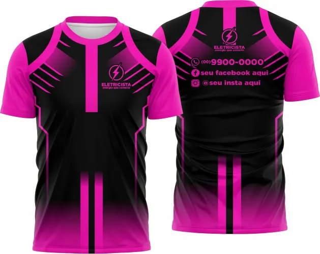 Camisa com logo no peito e estampa grande nas costas inspirada em eletricista, destacando ferramentas e símbolos da profissão, ideal para quem quer mostrar orgulho pelo seu trabalho com estilo marcante.