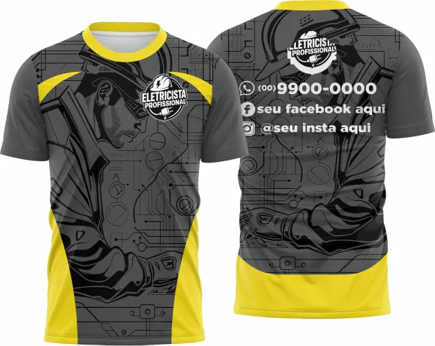 Camisa com logo no peito e estampa grande nas costas mostrando um tema elétrico, ideal para quem trabalha com eletricidade e quer estilo e identificação na profissão.