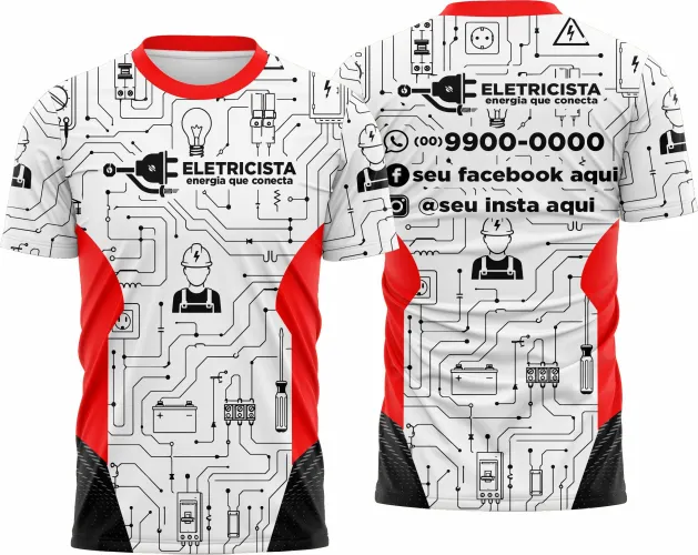 Camisa com logo no peito destacado e estampa grande nas costas que remete à profissão de eletricista cheio de detalhes técnicos e estilo único para uso em ambiente de trabalho ou eventos do segmento.