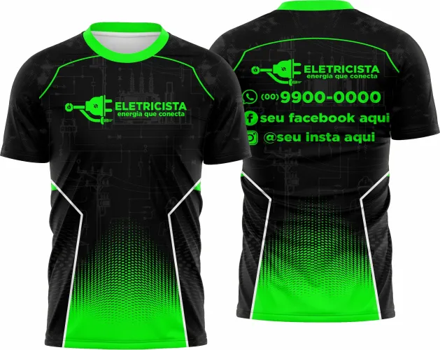 Camisa com logo no peito e estampa grande nas costas mostrando tema de eletricista, com design moderno e cores vibrantes, ideal para profissionais e apaixonados pela área elétrica.