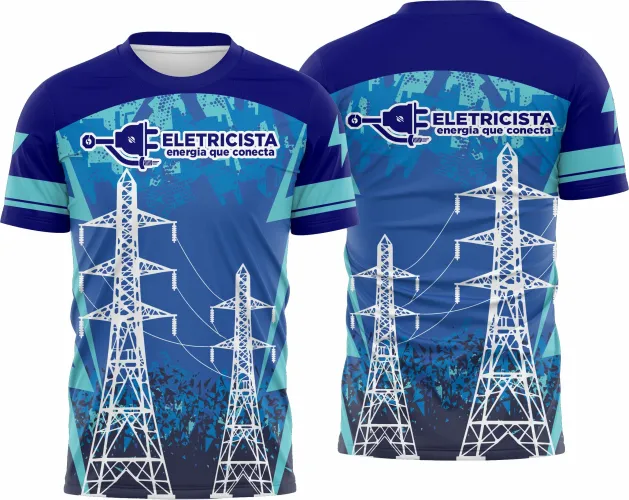 Camisa com logo no peito e estampa grande nas costas, design moderno exclusivo para eletricistas, mostrando estilo e identidade profissional de forma marcante e diferenciada.