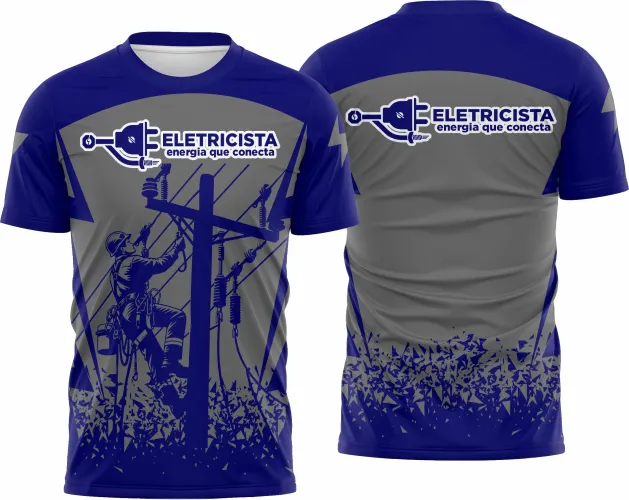 Camisa com logo no peito exibindo design moderno e estampa grande nas costas com elementos relacionados à profissão de eletricista, combinando estilo e identidade profissional.