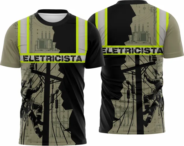 Camisa com logo no peito e estampa grande nas costas temática para eletricista, destacando elementos elétricos com estilo moderno e atraente, ideal para quem trabalha na área e quer se destacar com conforto e identidade.