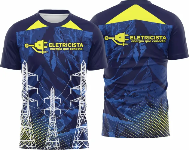 Camisa com logo no peito e estampa grande nas costas, ideal para profissionais eletricistas que buscam estilo e identidade visual em seu uniforme no dia a dia de trabalho.