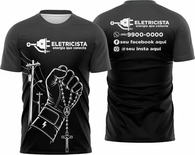 Camisa com logo no peito e estampa grande nas costas que destaca símbolos e elementos da profissão de eletricista, com cores vibrantes que valorizam o visual do uniforme.